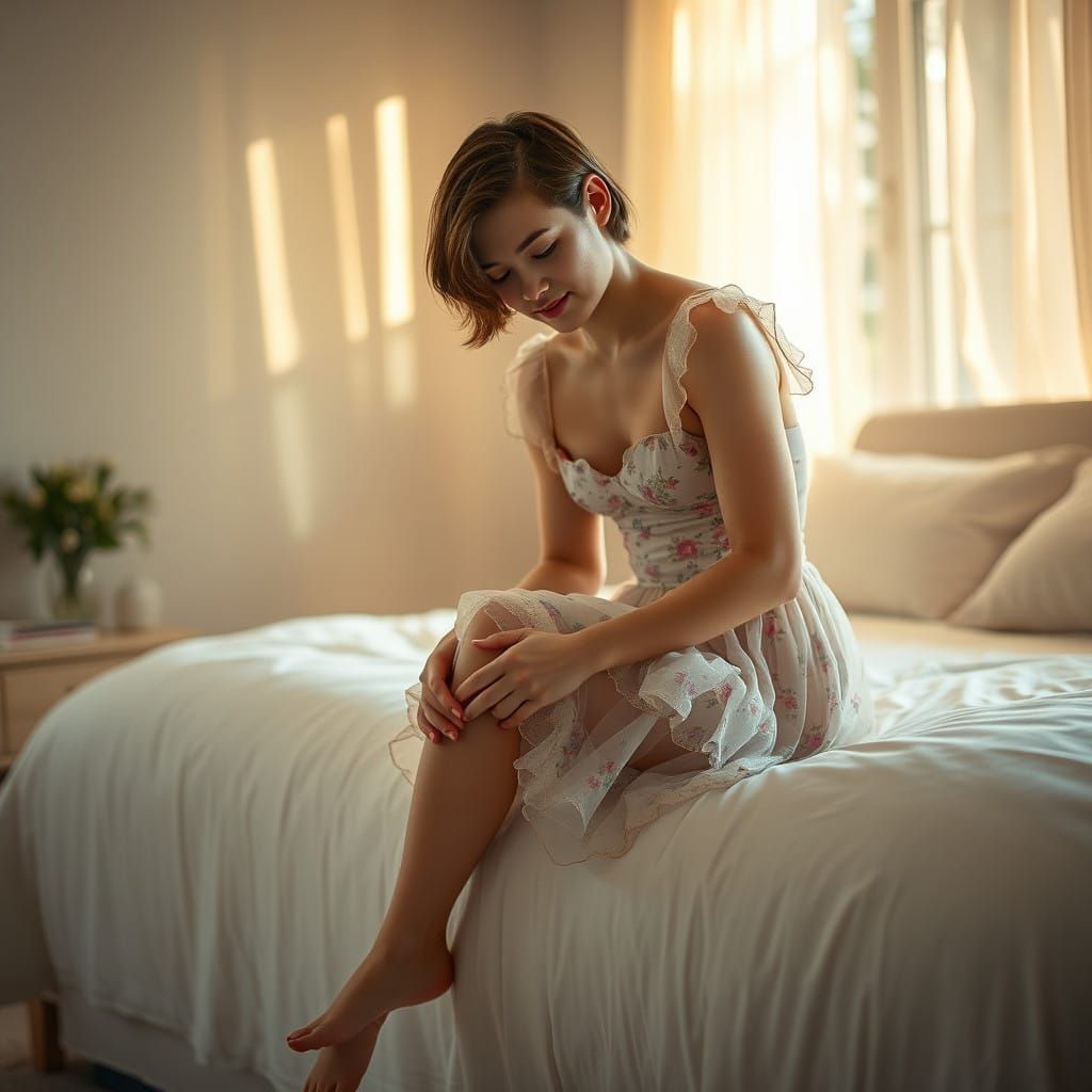 Androgynous Youth in Vintage Floral Dress, Slippping on Stoc...