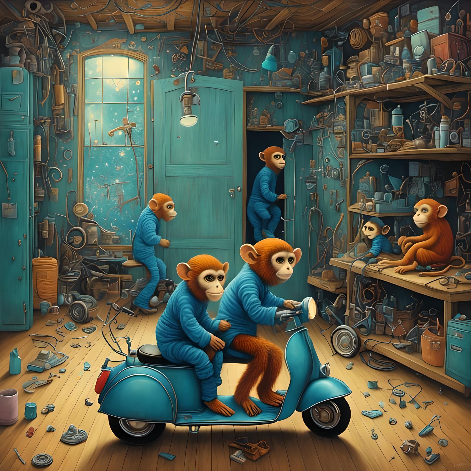 Monkeys Repairing Scooter: Whimsical Cubism Illustration