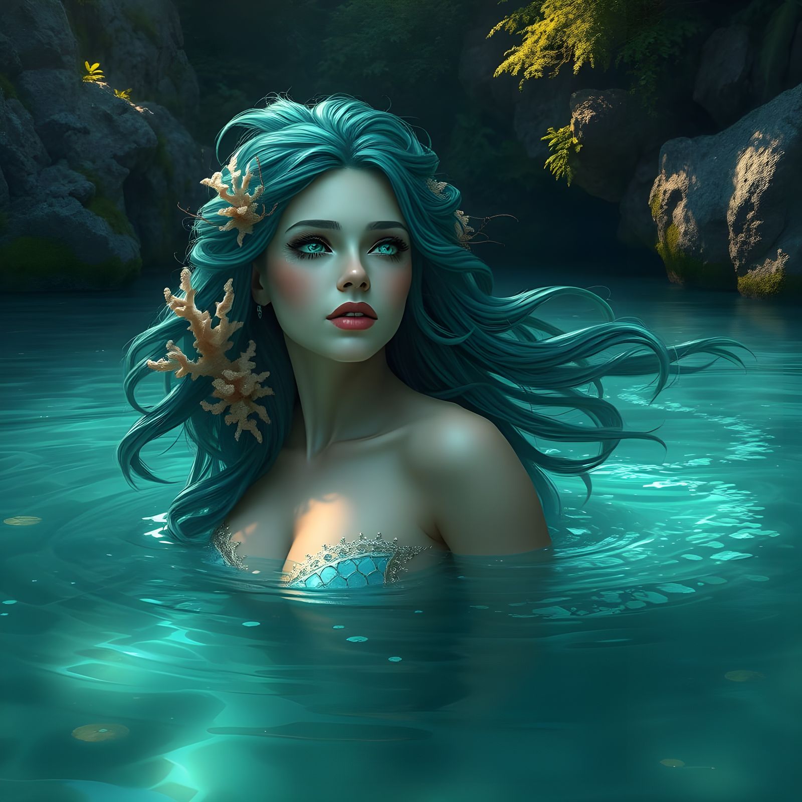 Ethereal Siren Emerges from Lagoon: Dark Fantasy Art