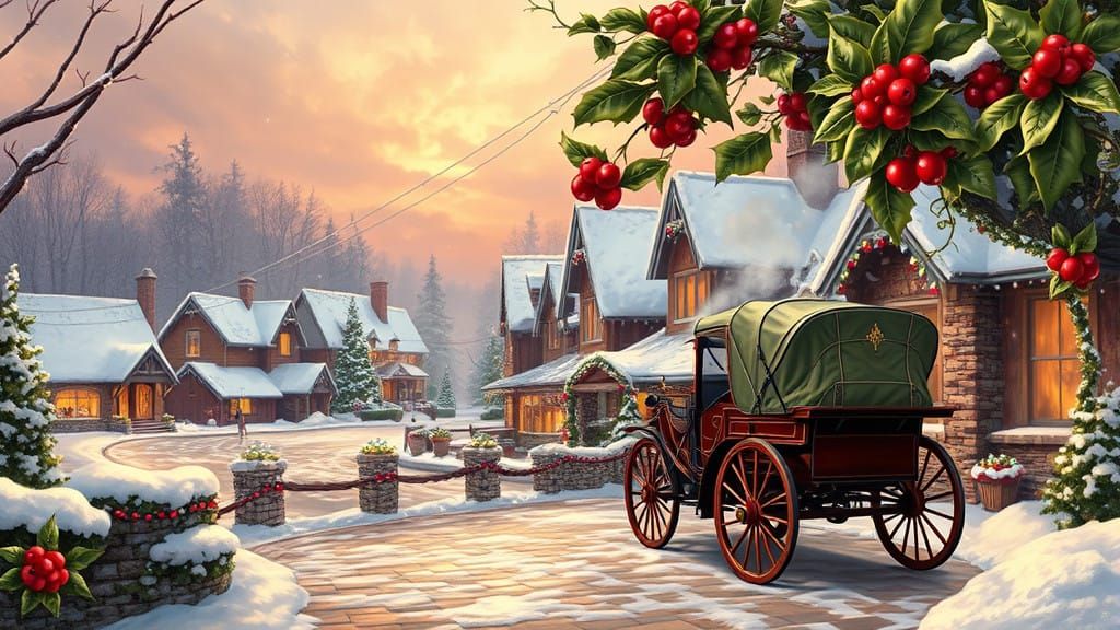 Whimsical Winter Wonderland Scene with Holly Berries and Sno...