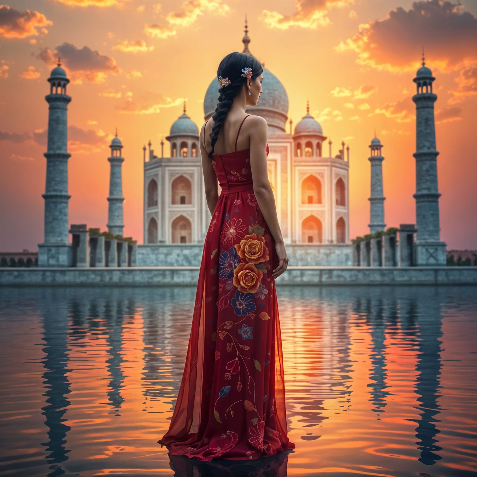 Ethereal Taj Mahal Sunset with Majestic Floral Dress