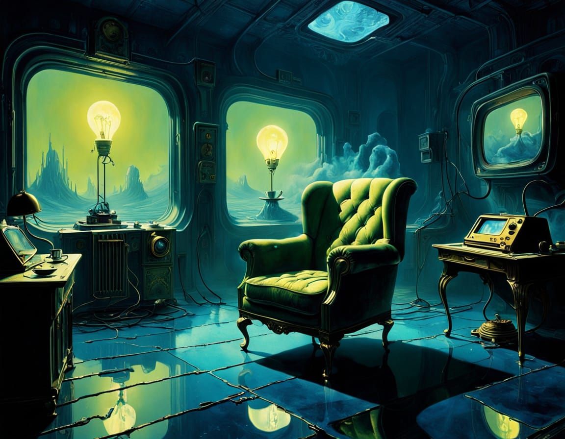 Dreamlike Scene of Glowing Toaster and Victorian Armchair in...