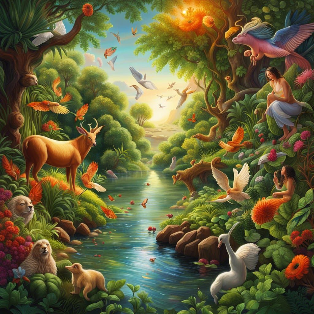 Hyperrealistic Garden of Eden with Adam and Eve