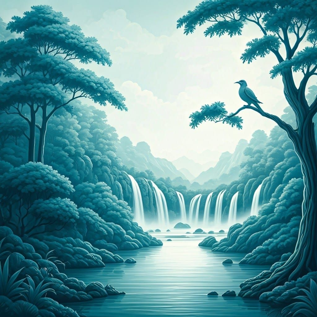 Tranquil Landscape with Waterfalls and Bird