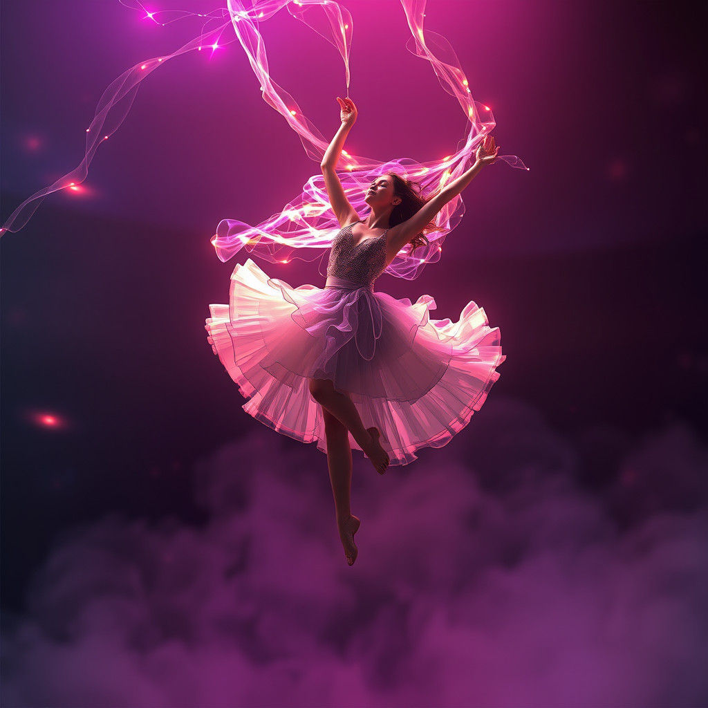 Ethereal Dancer in Acrobatic Pose, Futuristic Style