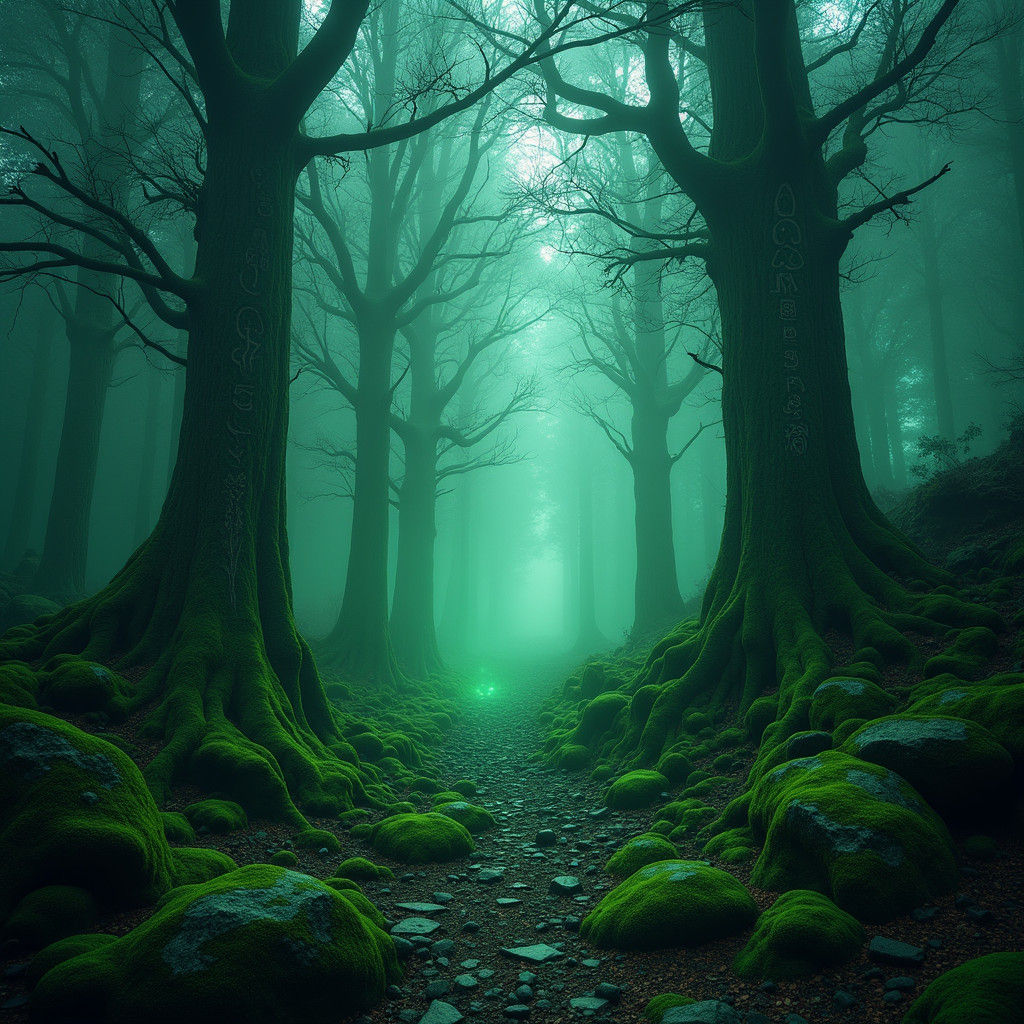 Mystical Forest with Glowing Runes in 8k