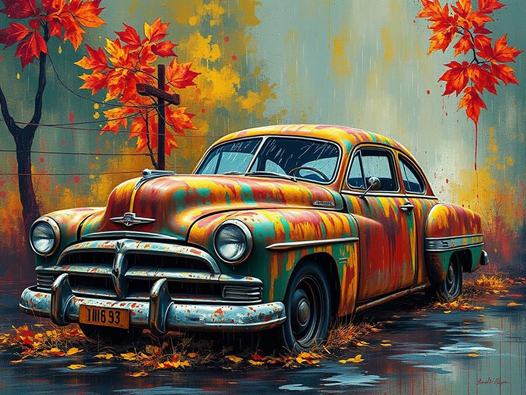 Rusted Car in a Vibrant Post-Apocalyptic Landscape