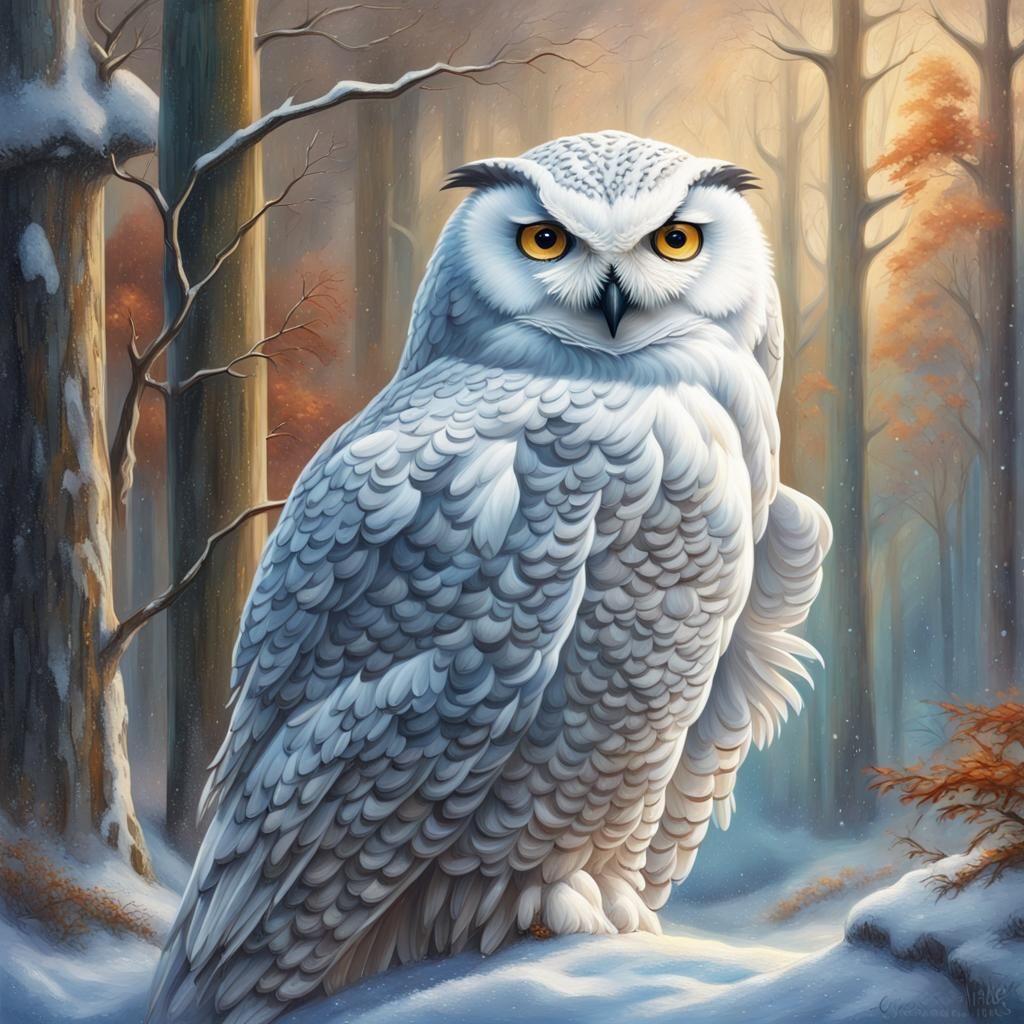 Lush Snowy Owl in Winter Forest: Oil Painting