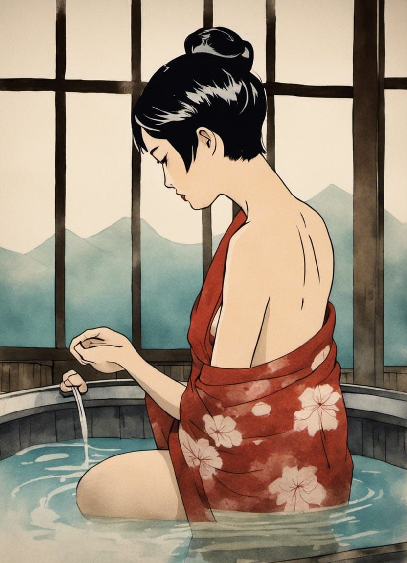 Asian Woman in Onsen: Vintage Japanese Poster