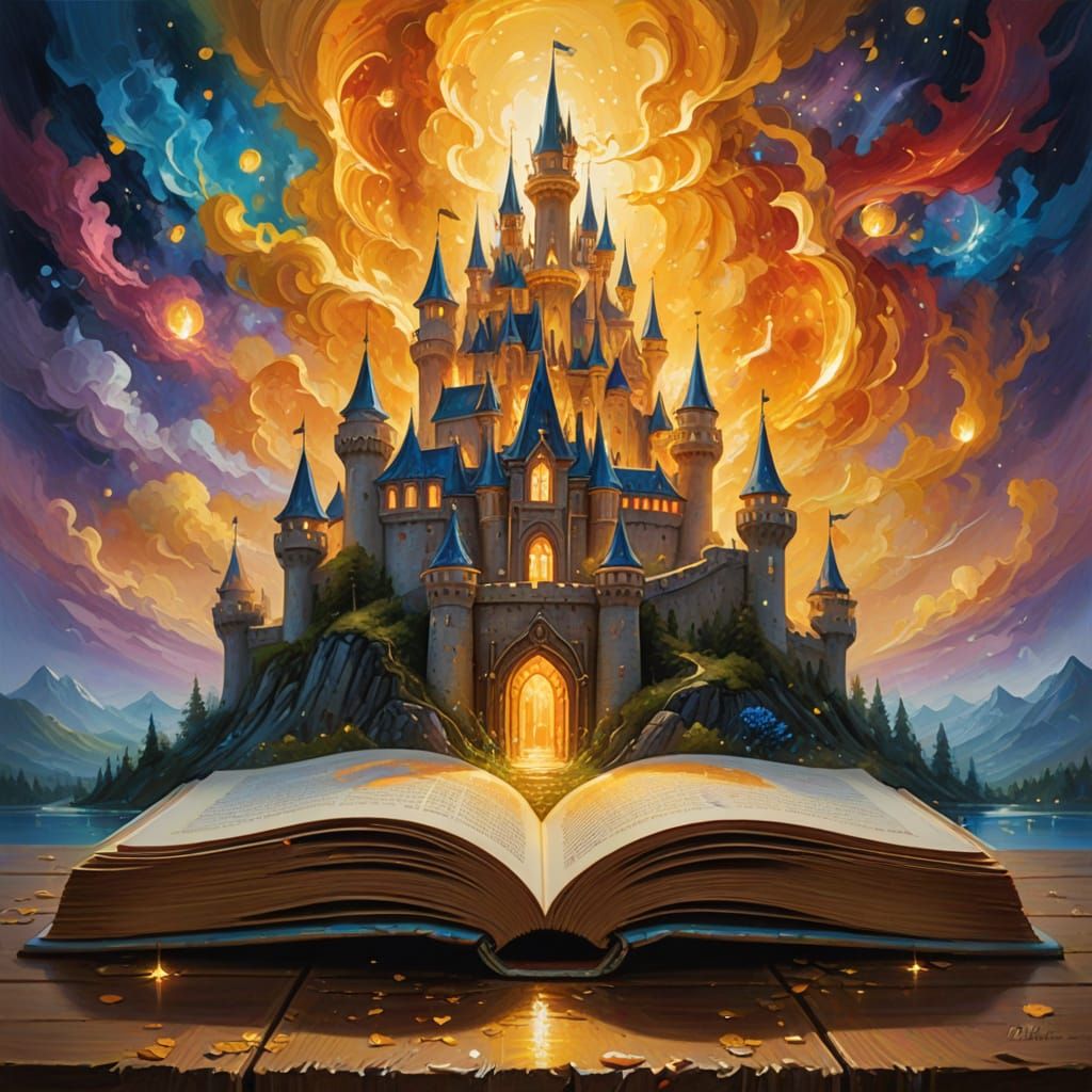 Golden Castle Rises from Book: Fantasy Oil Painting