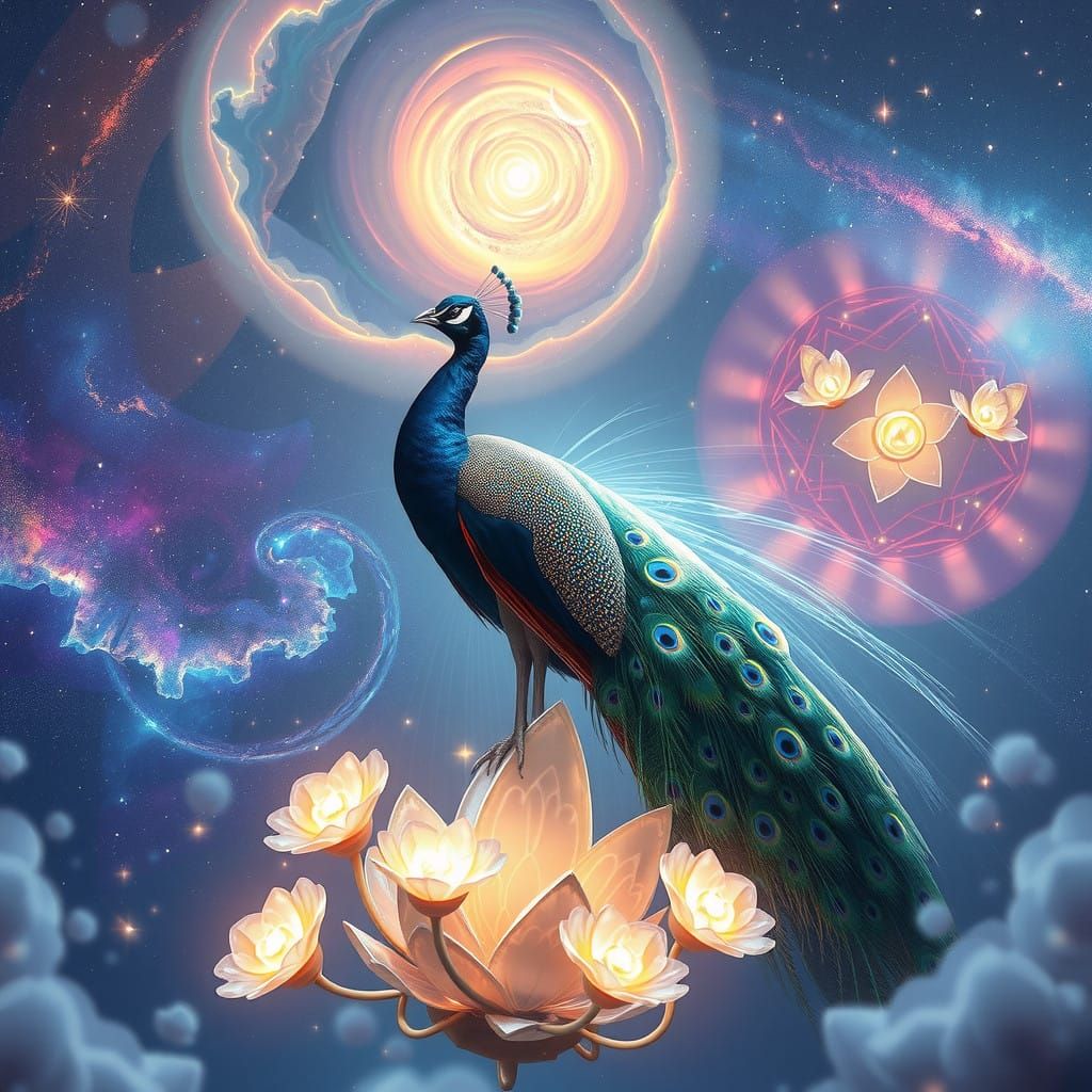 Surreal Cosmic Portrait of a Majestic Peacock amidst a Starr...