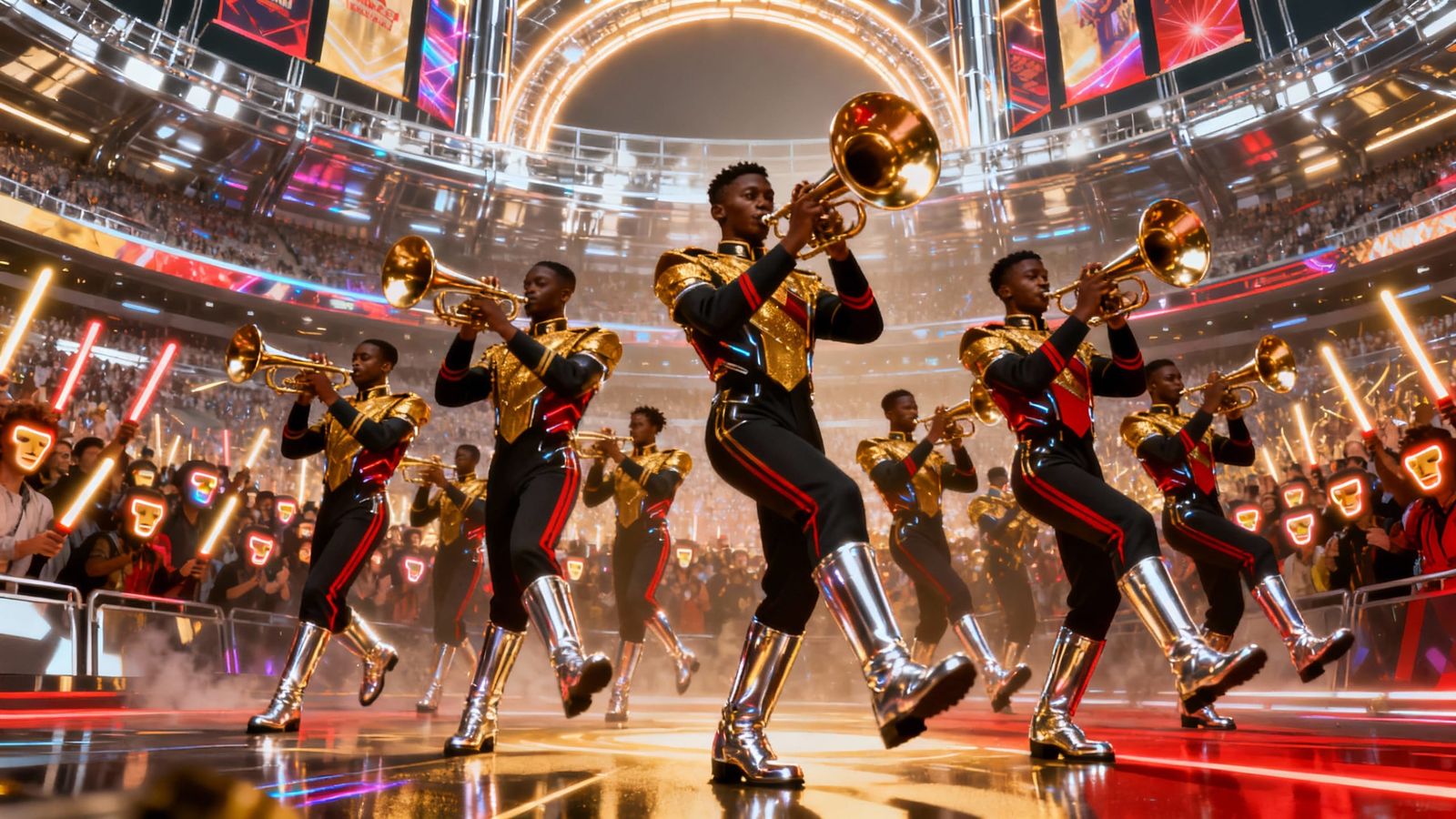 Futuristic Black Marching Band in High-Tech Uniforms