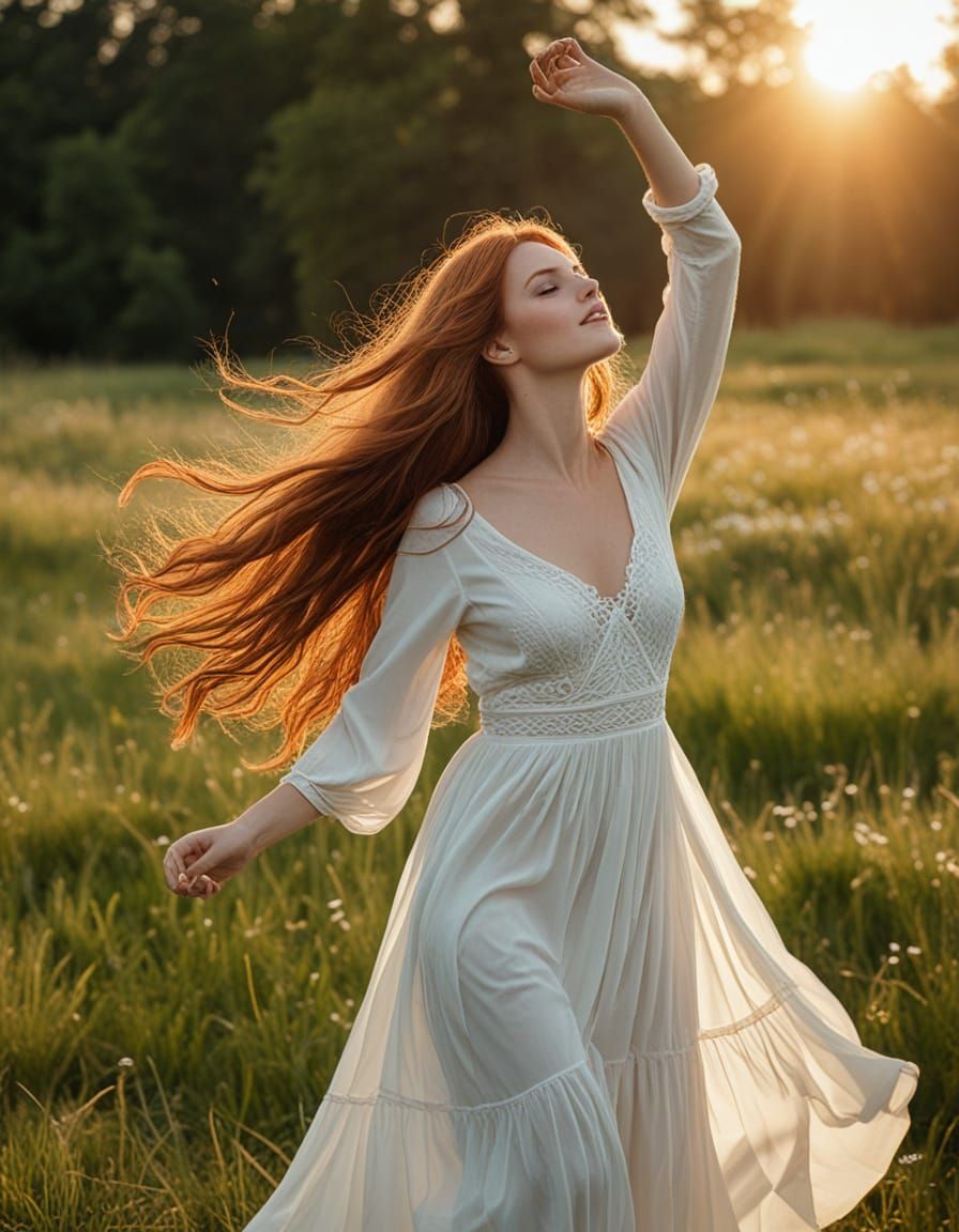 Woman Dancing in Sunlit Meadow: Professional Photography