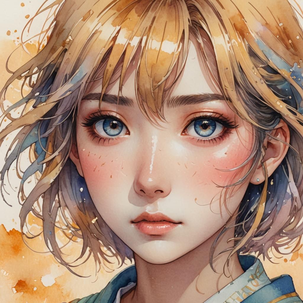Shy Anime Girl Portrait in Watercolor Manga Style