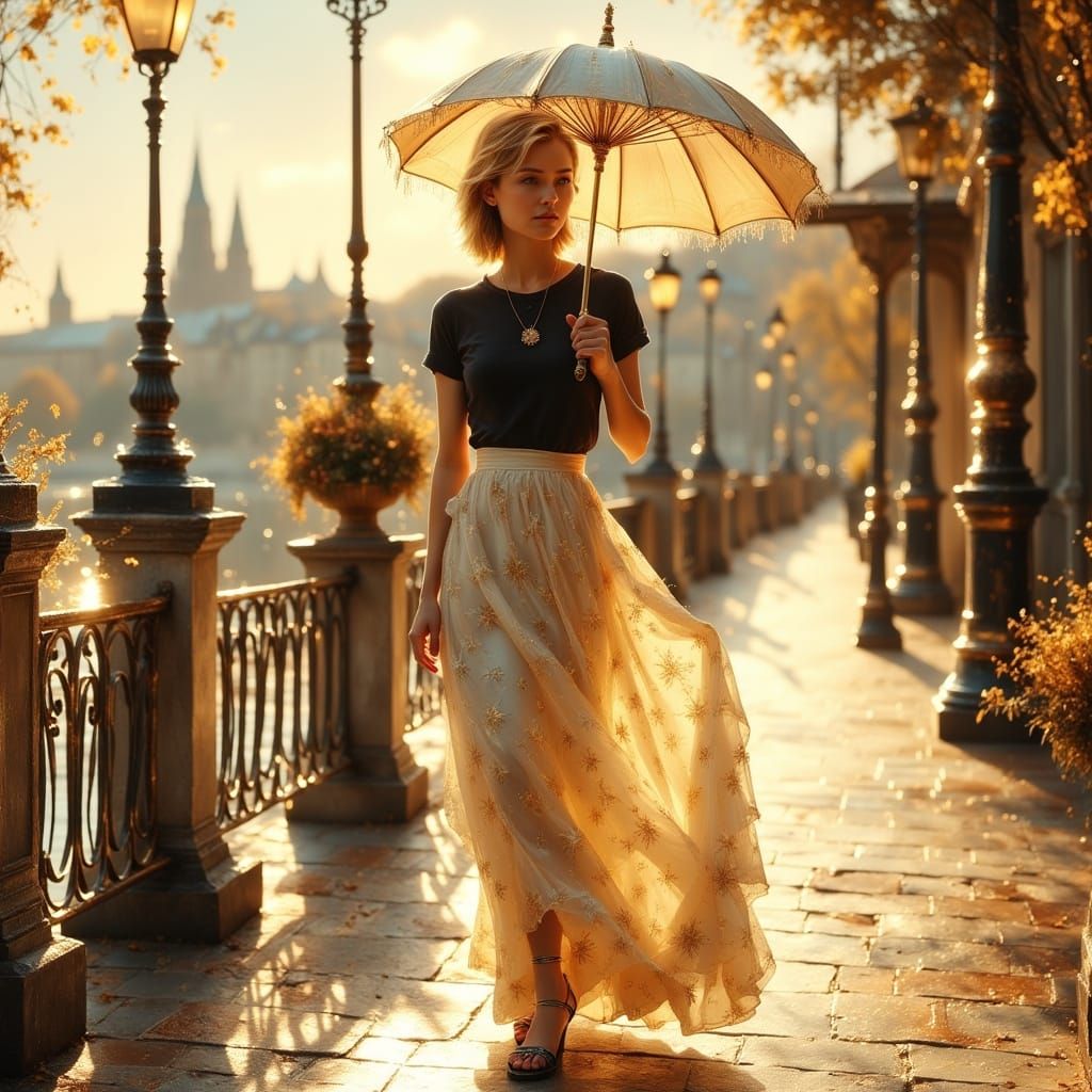 Woman on Promenade with Sun Umbrella