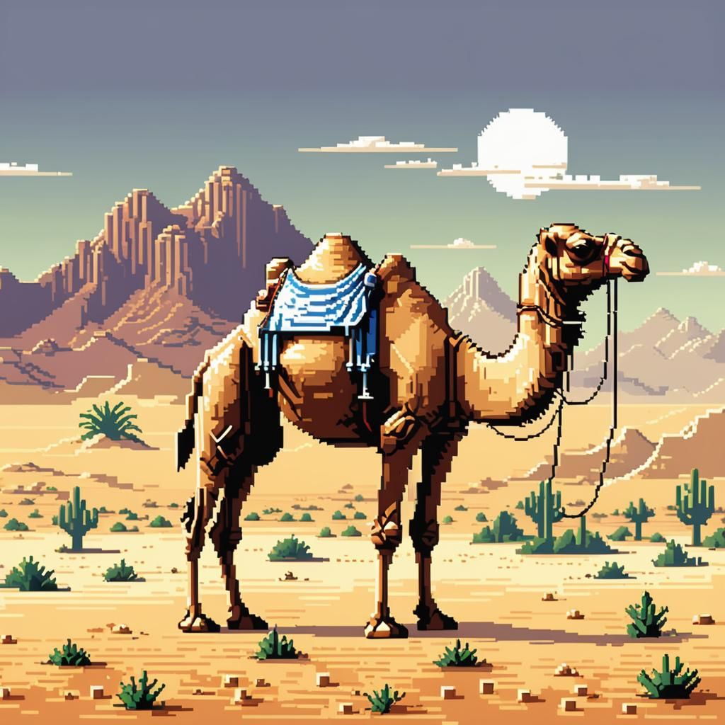 8-bit Pixel Art Camel in Desert Landscape