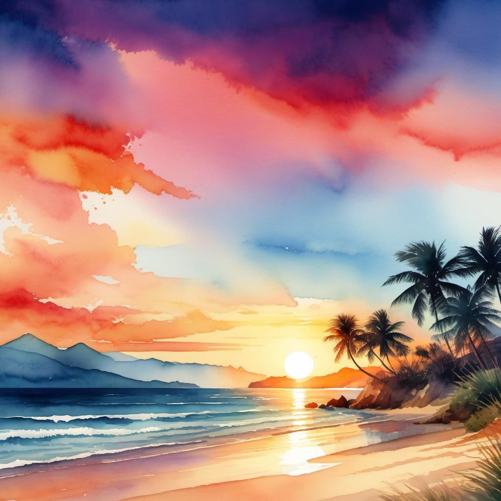 Beach Sunset in Digital Watercolor Illustration