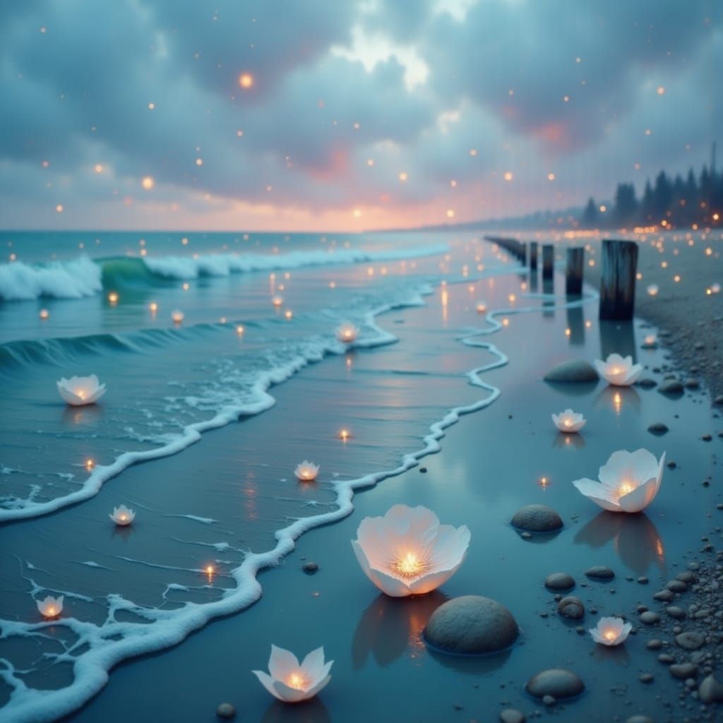 Serene Shoreline at Dusk with Floating Lanterns