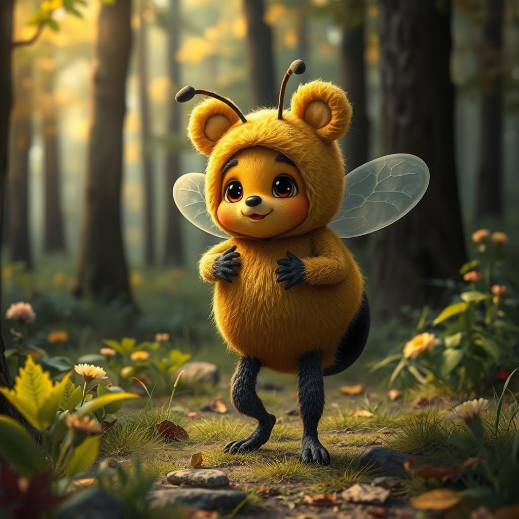 Bee in Bear Costume in Whimsical Forest