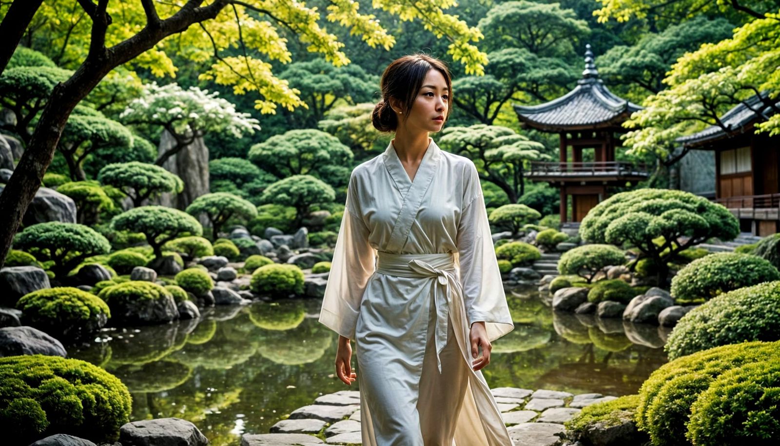 Japanese Woman in Serene Garden, Photorealistic Style