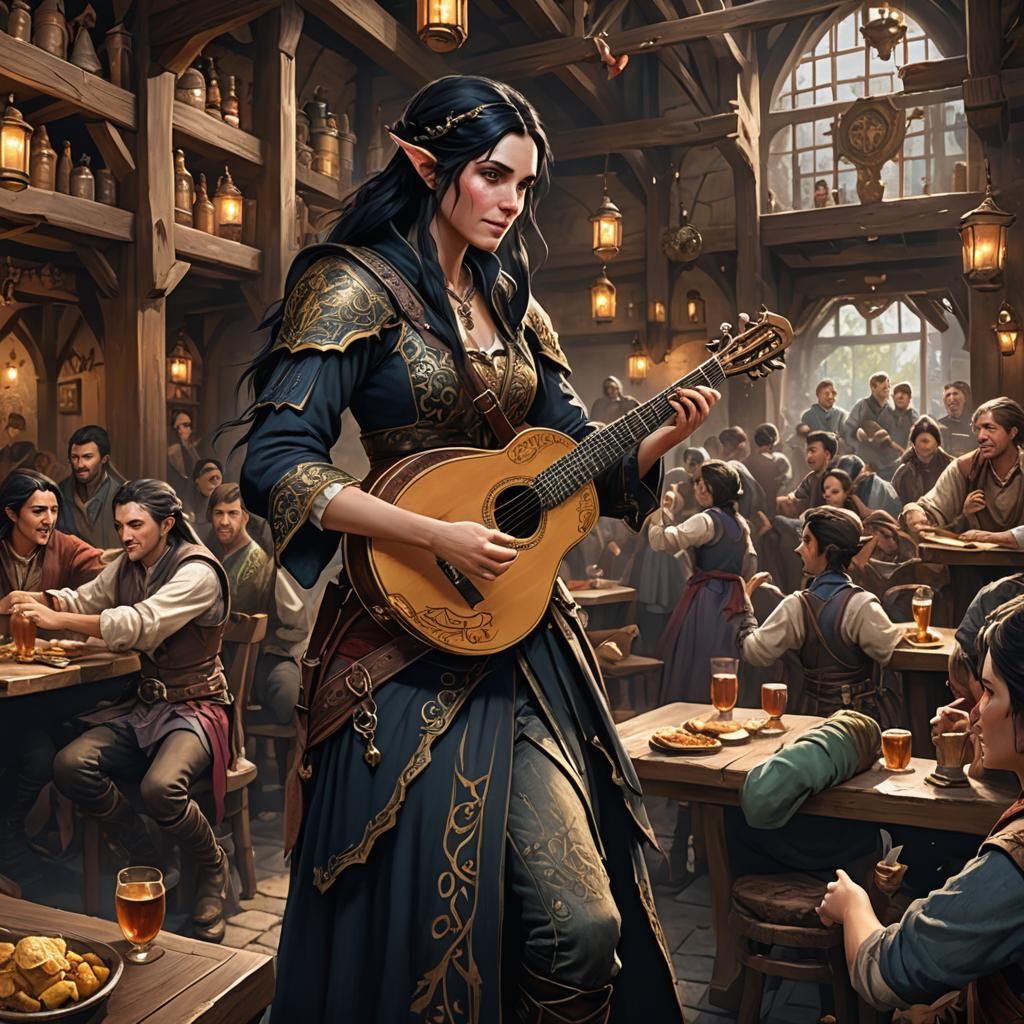 Half-Elf Bard Performance in Tavern, Digital Art