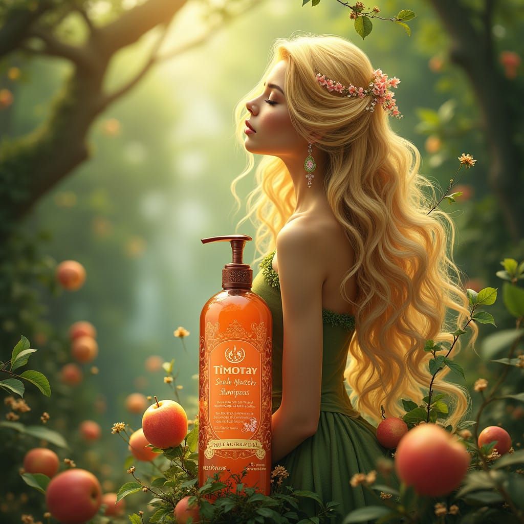 Whimsical Shampoo Goddess in Vibrant Forest Wonderland