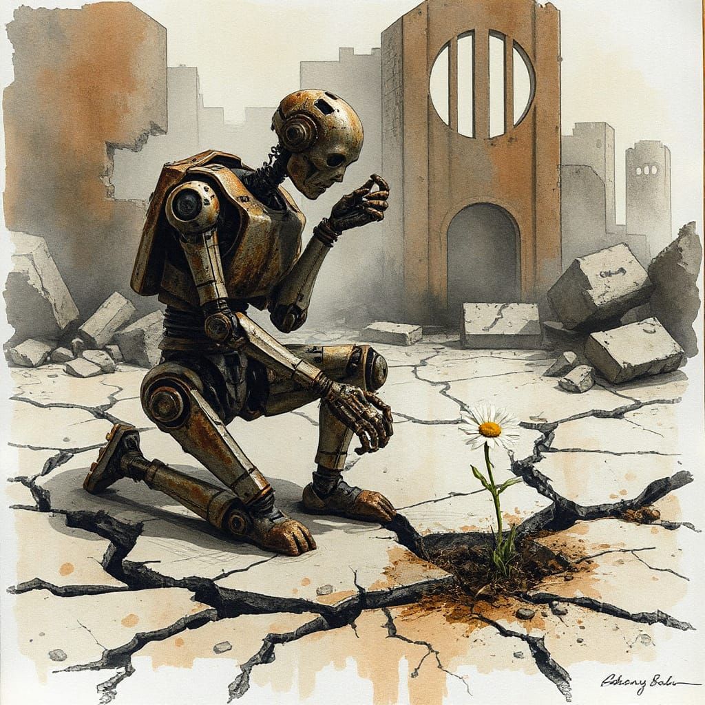 Post-Apocalyptic Robot Tends to Daisy in Ruins