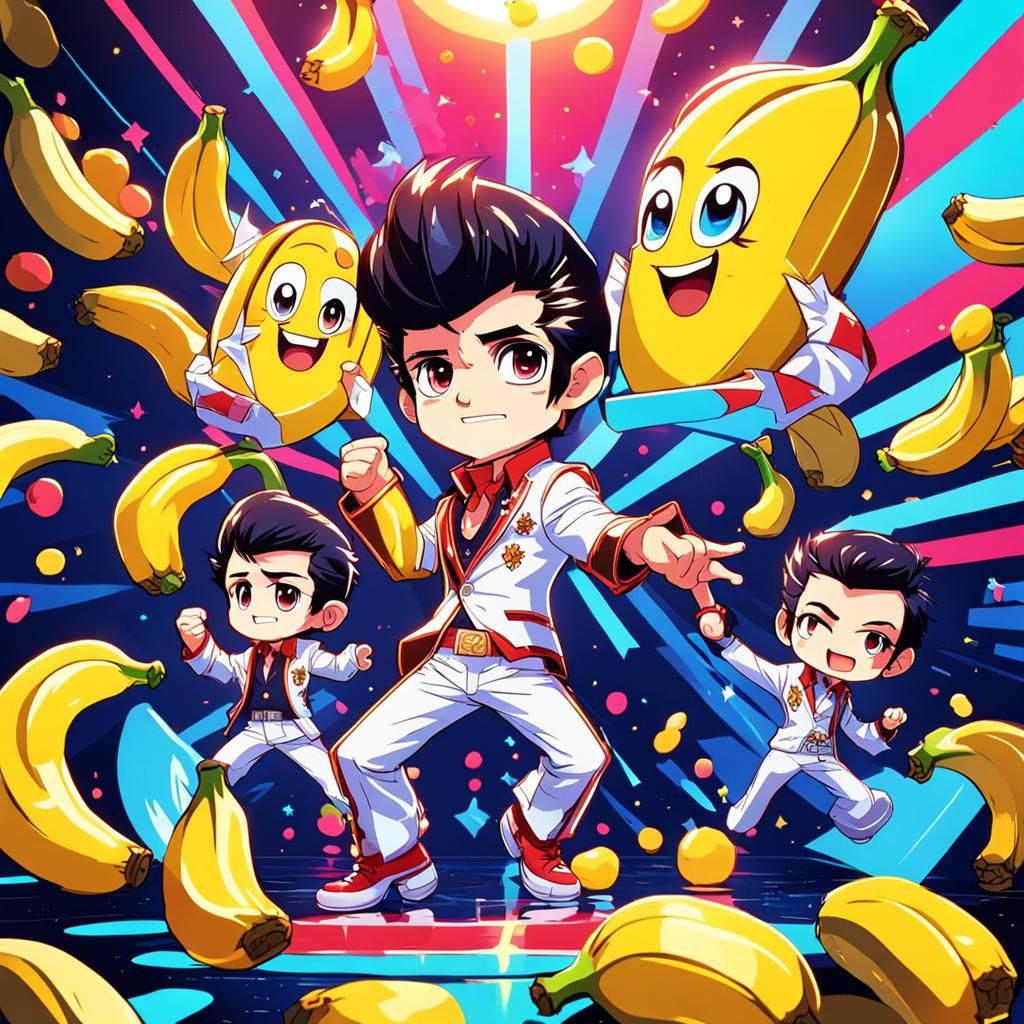 Chibi Bananas Dancing with Elvis in Anime Style