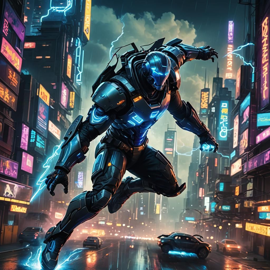 Futuristic Superhero Soaring Through Cyberpunk Cityscape