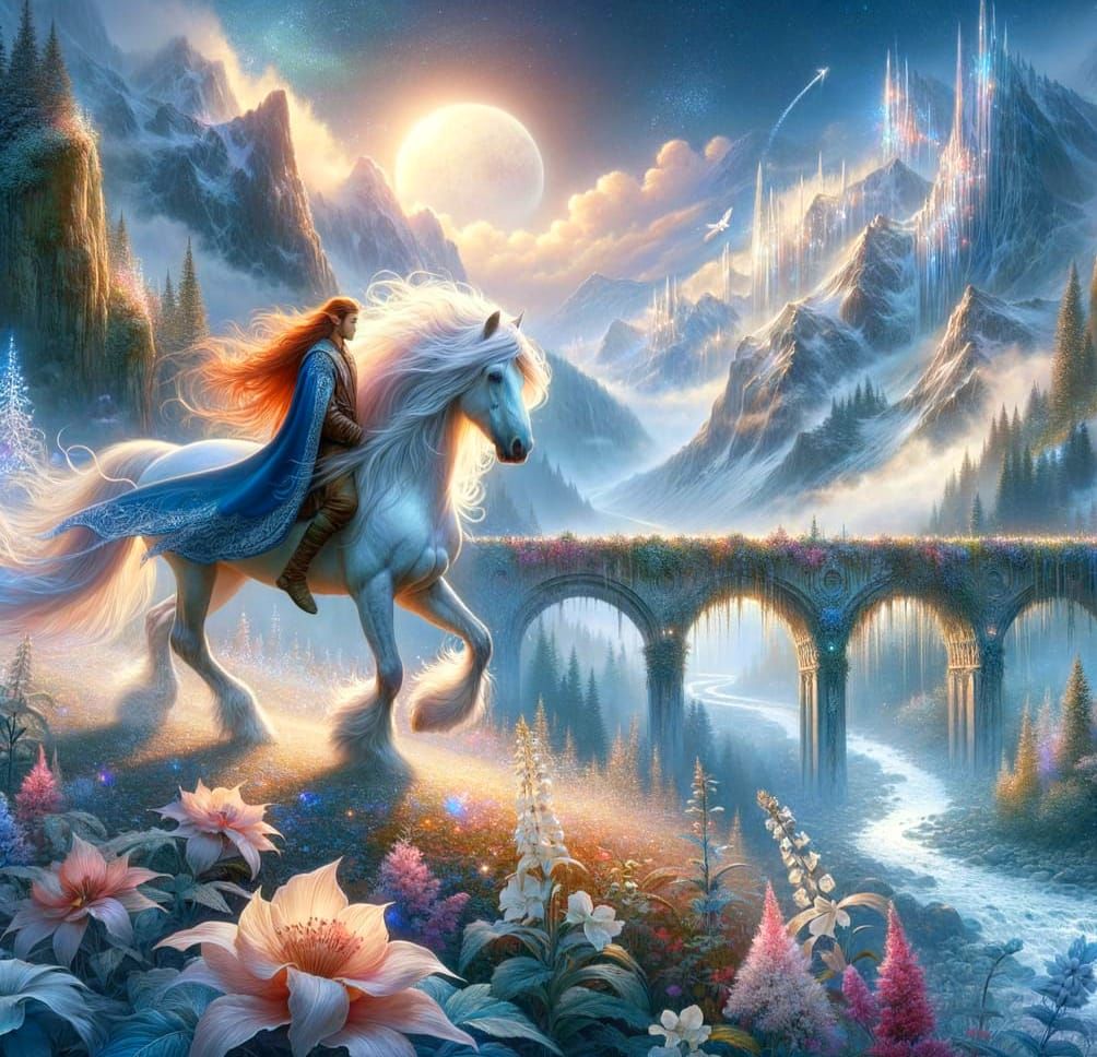 Whimsical Fantasy Elf Rides Majestic White Horse Across Crys...