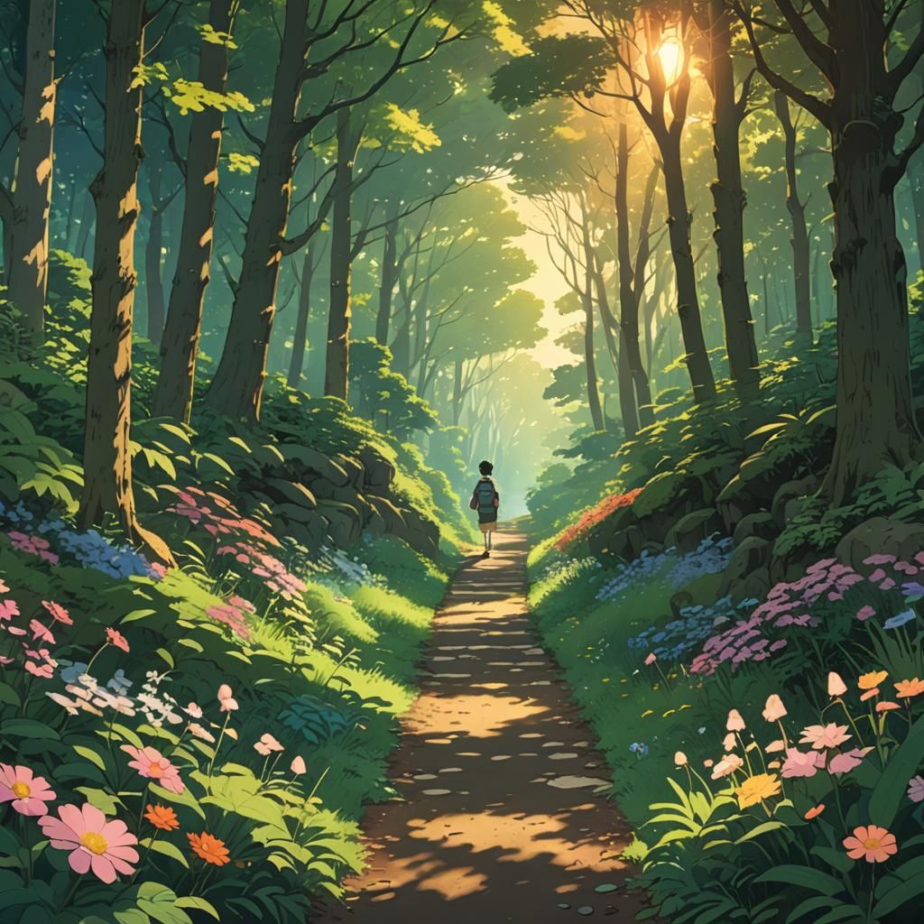 Tranquil Forest Sunset in Studio Ghibli Anime Style