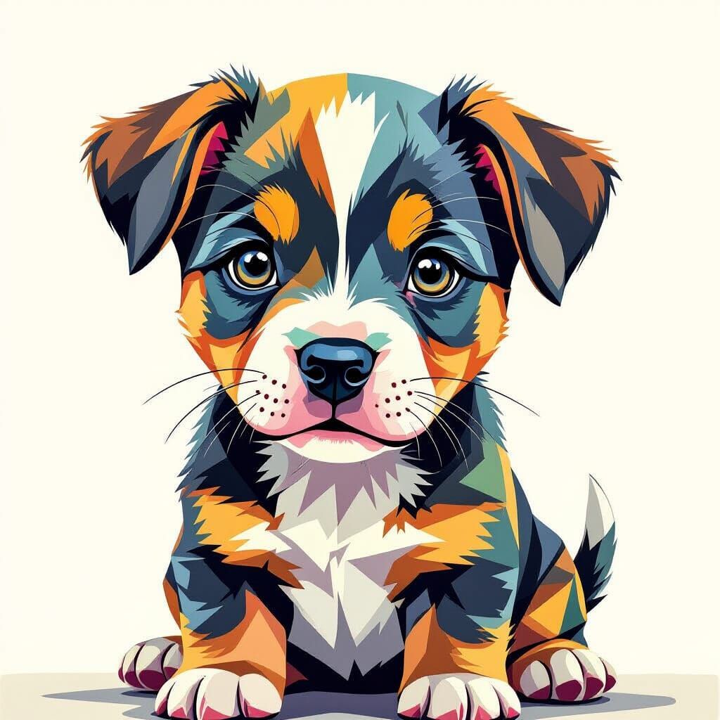 Cubist Puppy Dog With Geometric Shapes and Vibrant Patterns