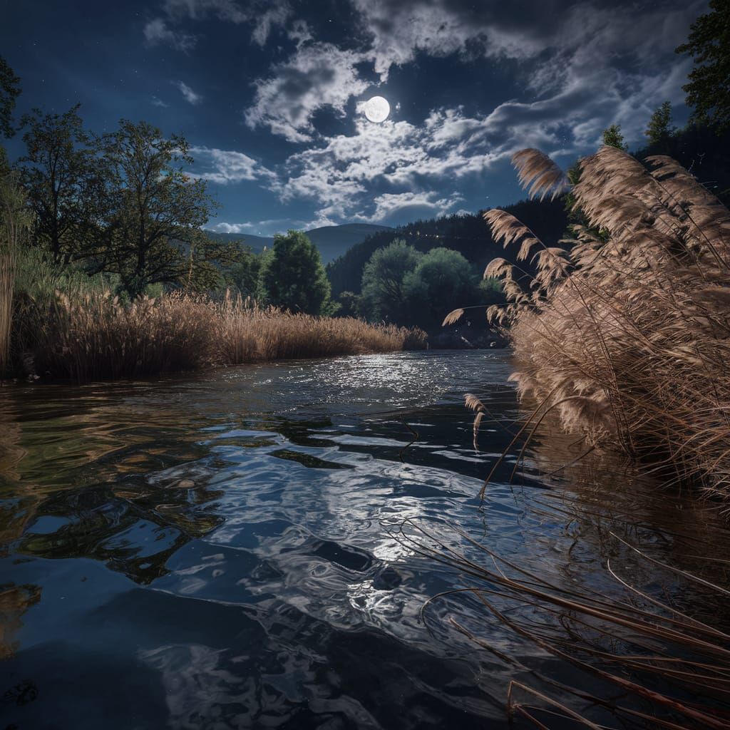 Hyperrealistic Moonlit Riverside at Night