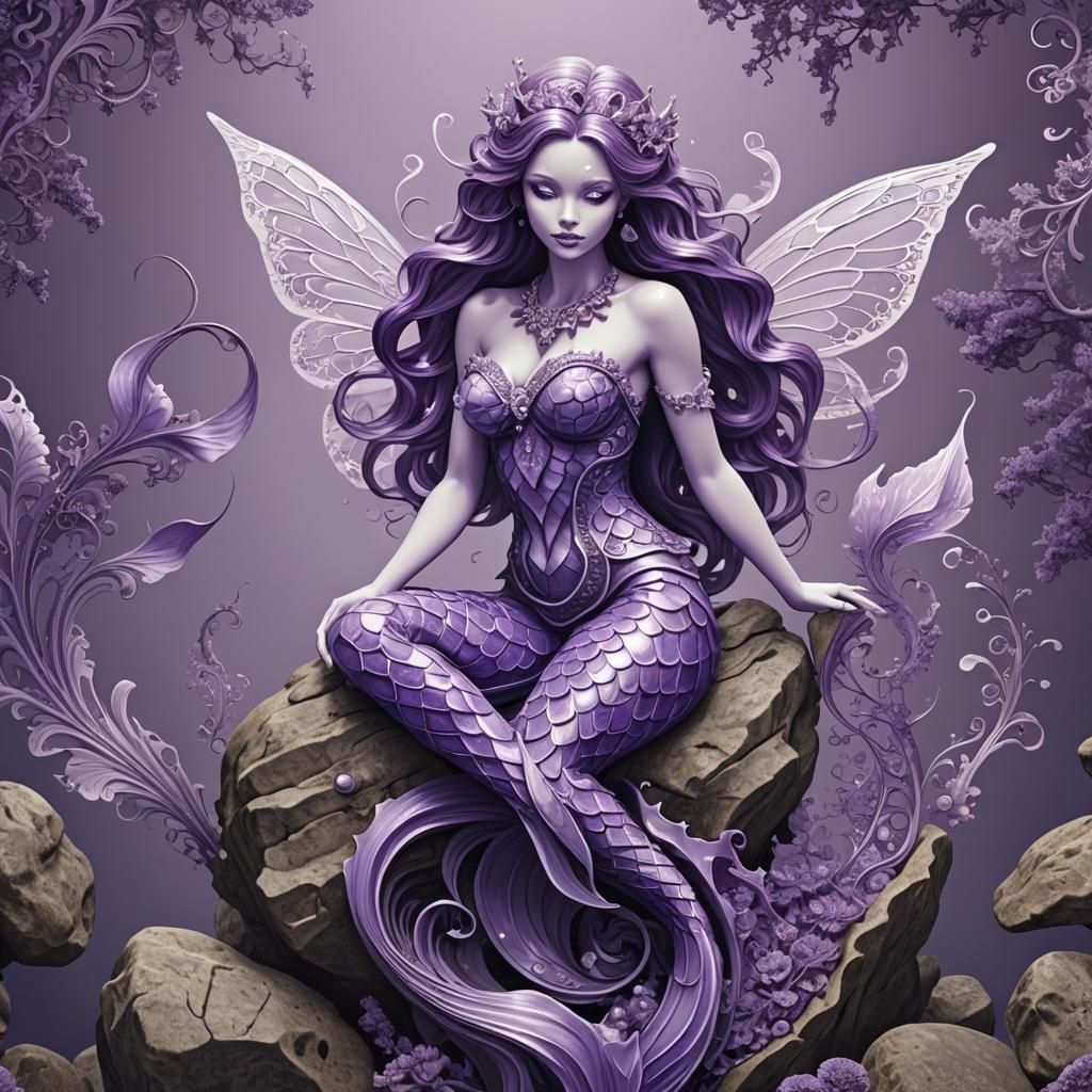 Purple Fairy Mermaid Hybrid on Rock with Abstract Fractals