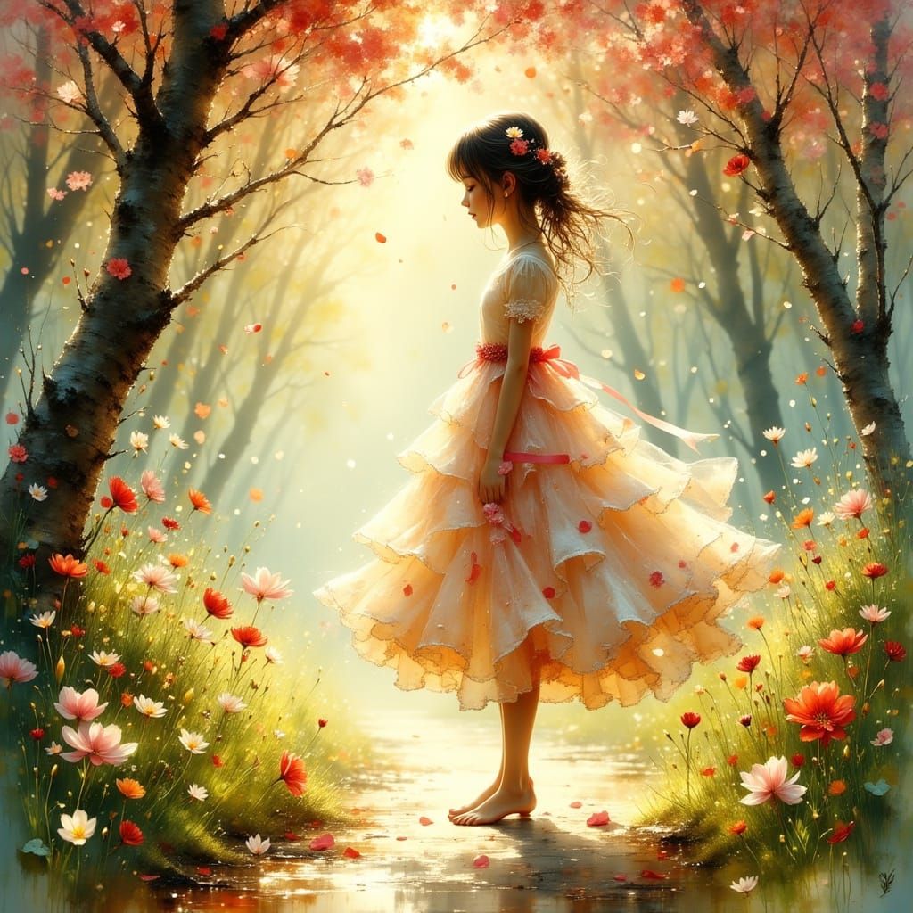 Spring Girl Amidst Blooming Cherry and Apple Blossoms