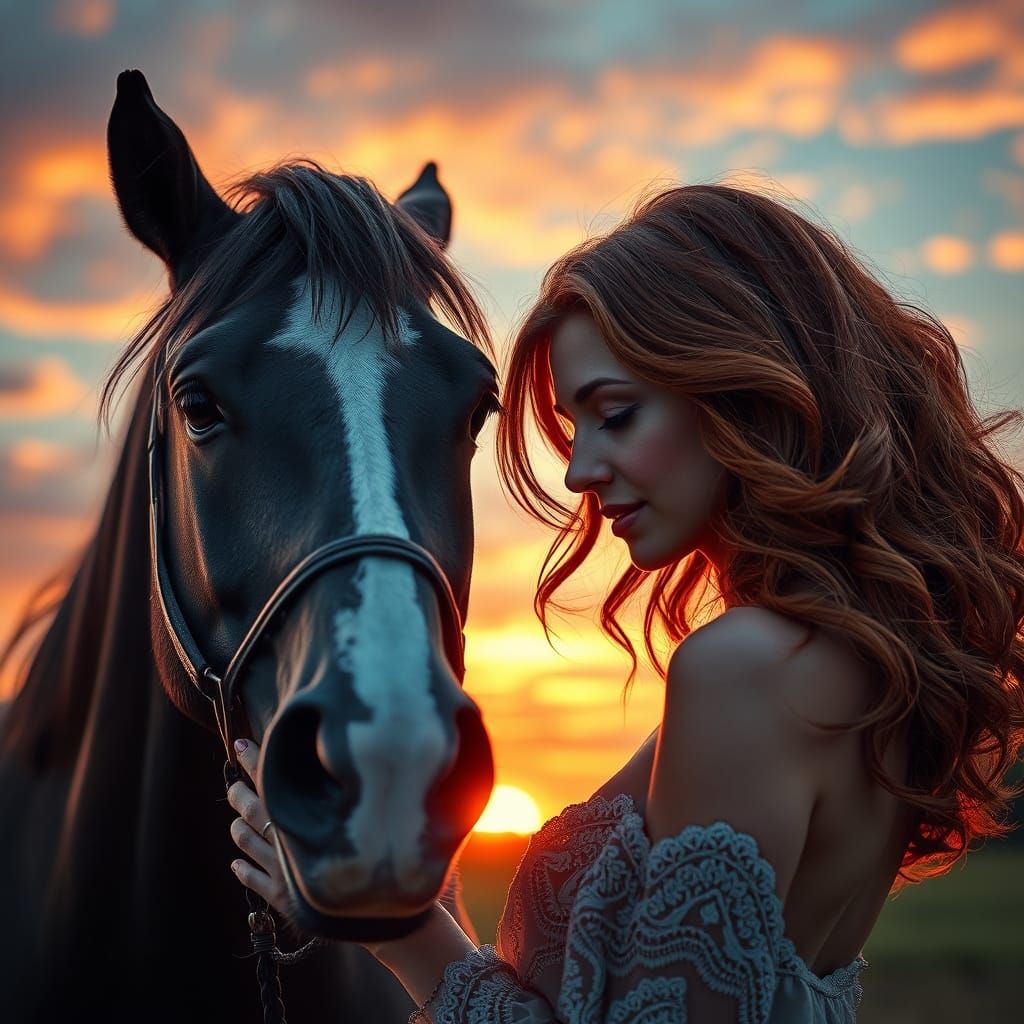 Rouge-haired Woman and Her Black Stallion in Intimate Portra...