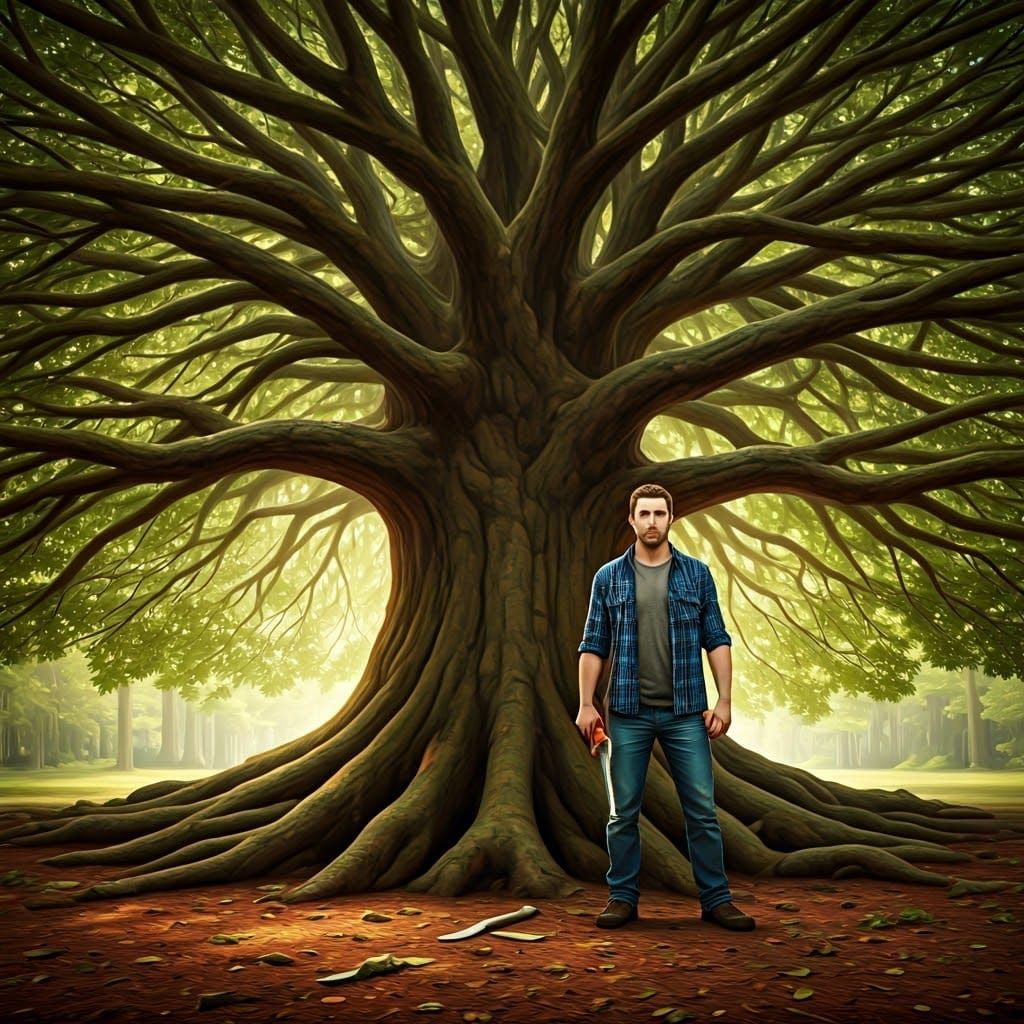 Man with Tree Cutter in Natural Setting