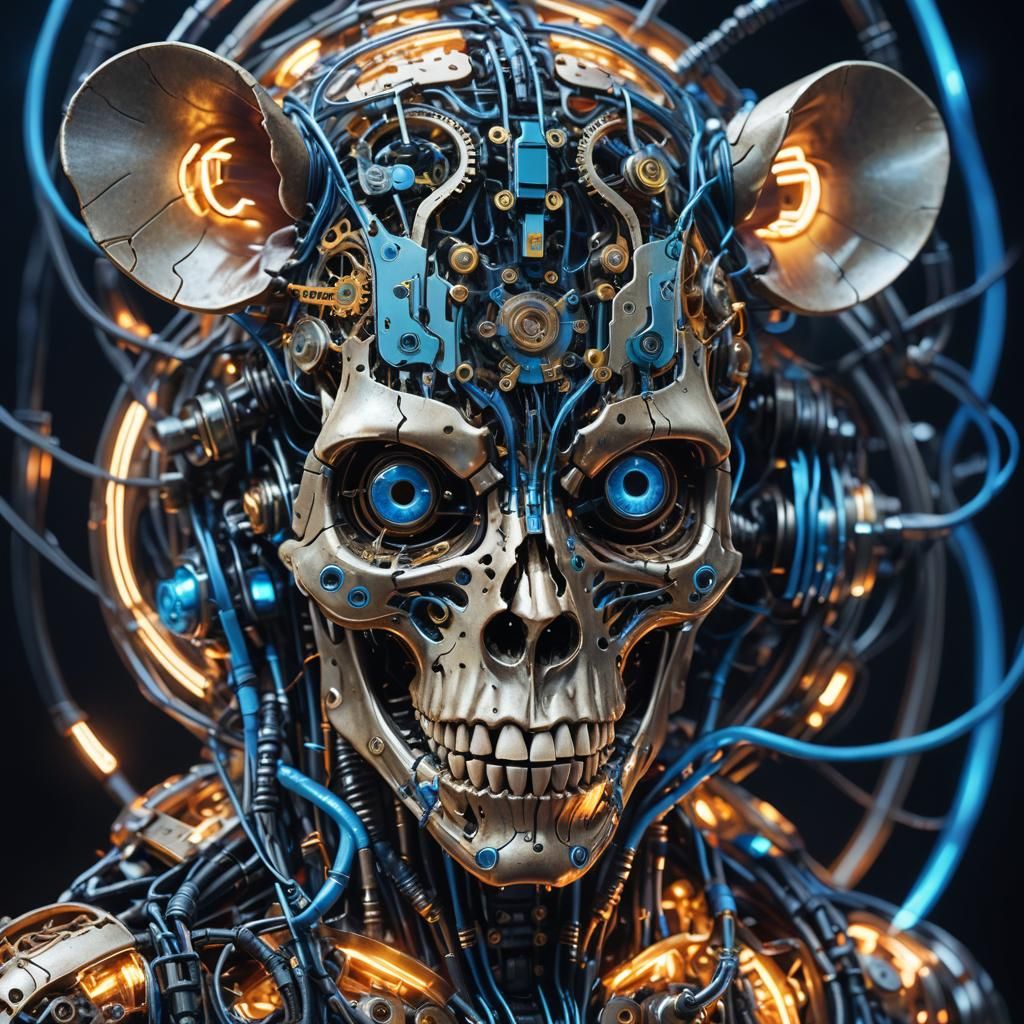 Biomechanical Surrealism: Mouse Anatomy with Glowing Circuit...