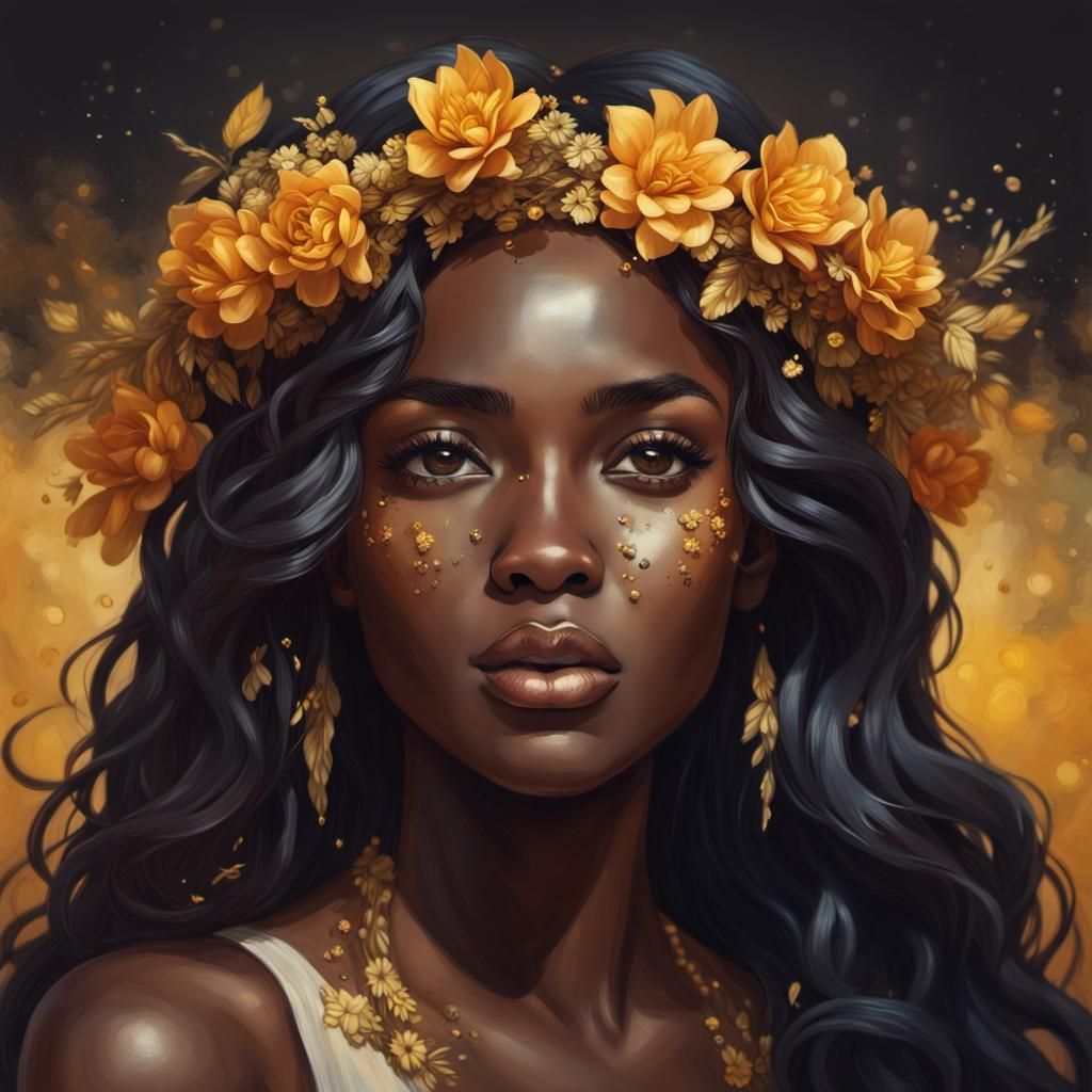 Beautiful healer woman with long wavy black hair and a flowe...