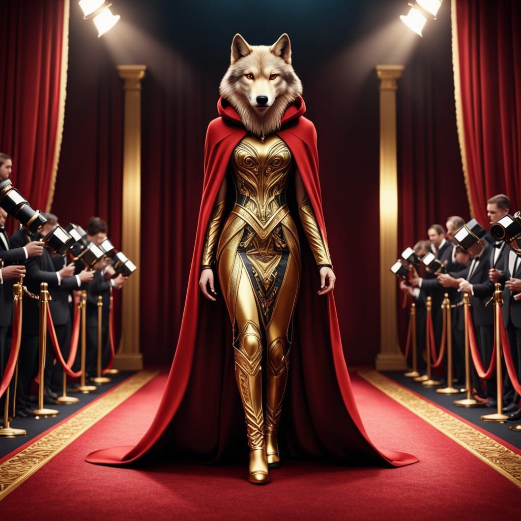 Elegant Woman Walks Red Carpet with Fierce Wolf Companion in...