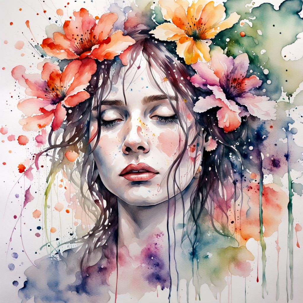 Floral Woman: Watercolour Painting in Luminist Style