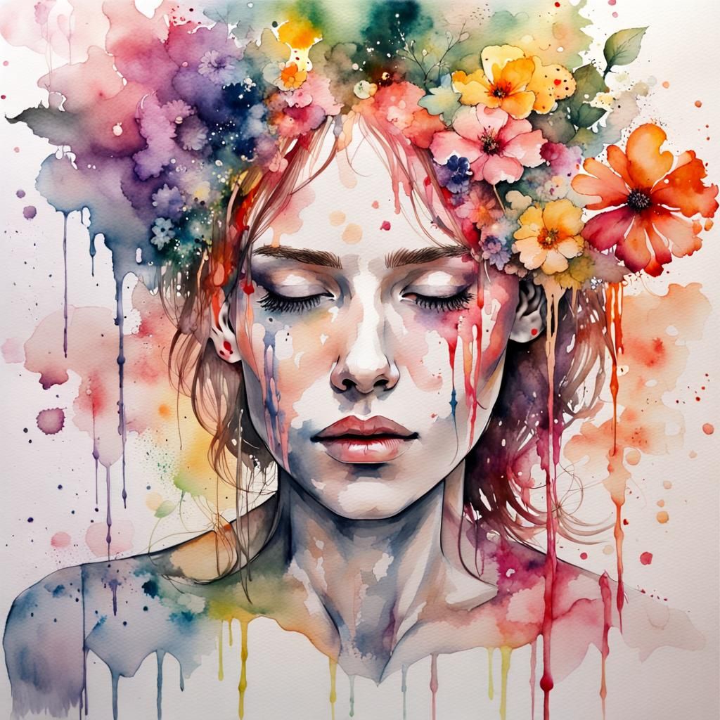 Floral Woman in Watercolour Wash Technique