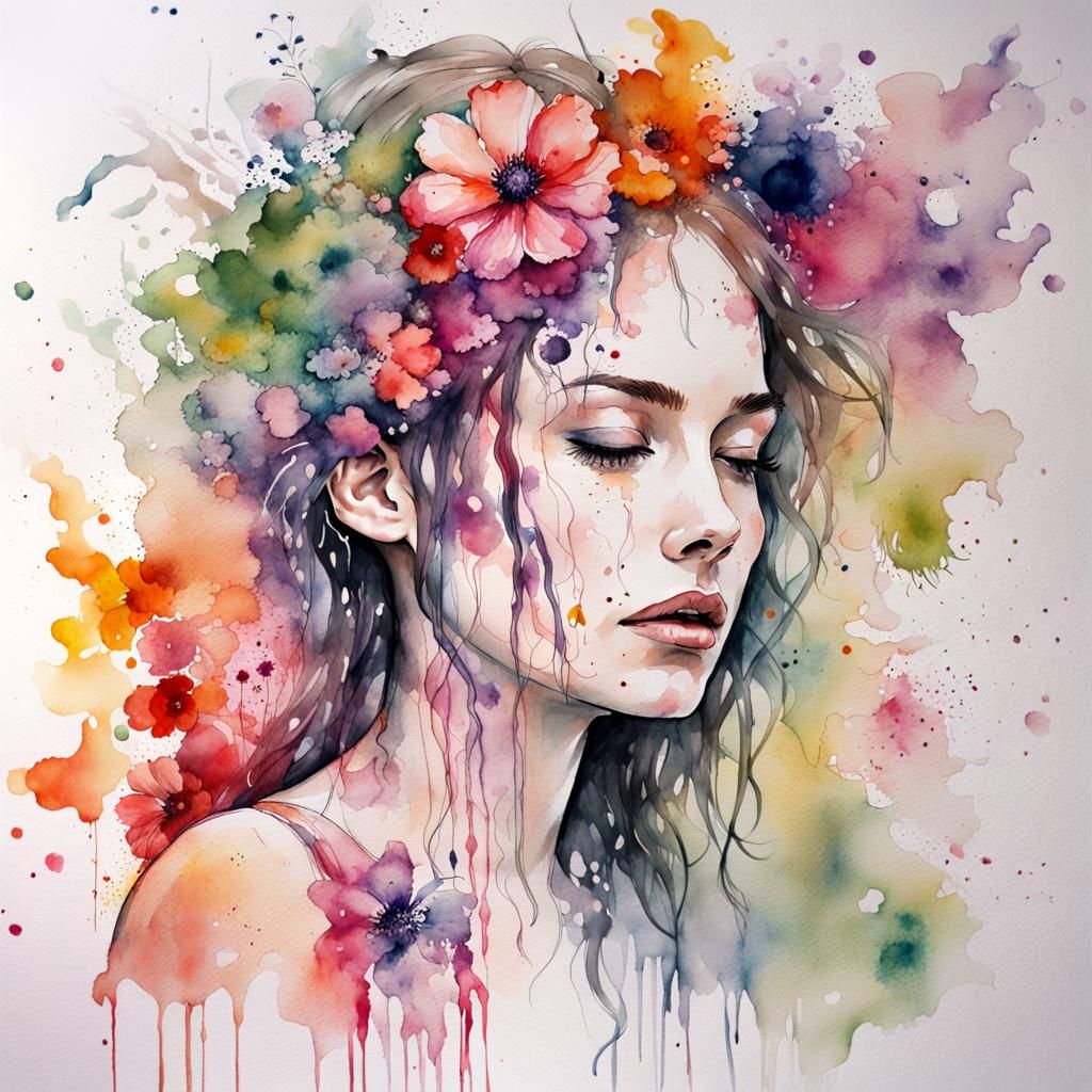 Floral Woman Watercolor Painting with Vivid Colors