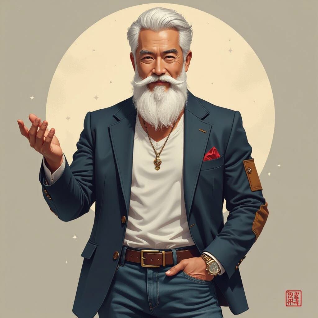 Chinese Magician in Modern Attire with Elbow Patches