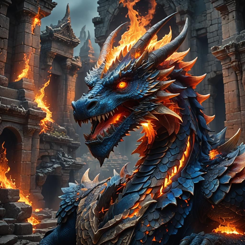 Fire Dragon Breathes Fire in Ancient Ruins