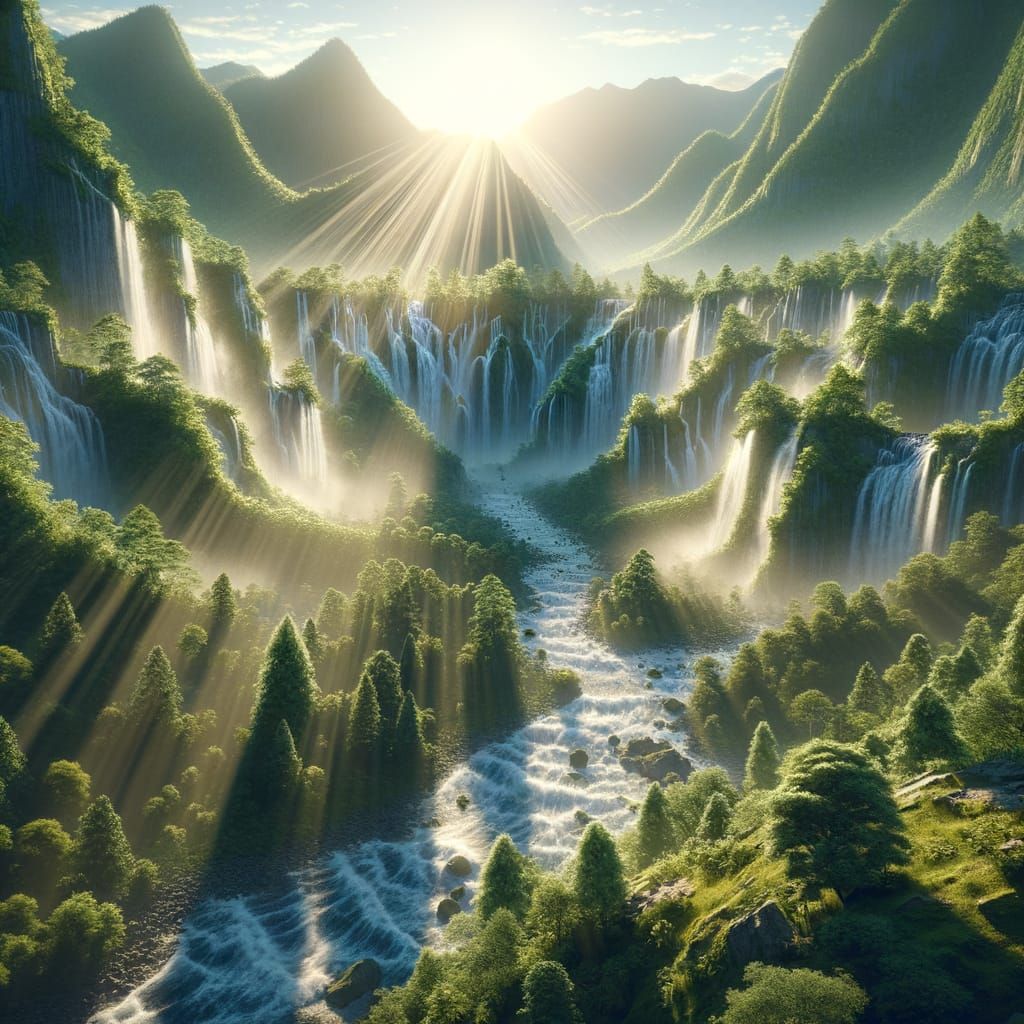 Lush Mountain Waterfalls in Radiant Morning Sunlight
