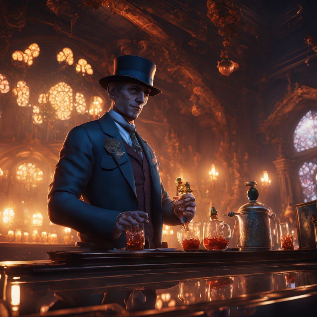 Vampire Bartender Mixes Shadow Cocktail in Speakeasy