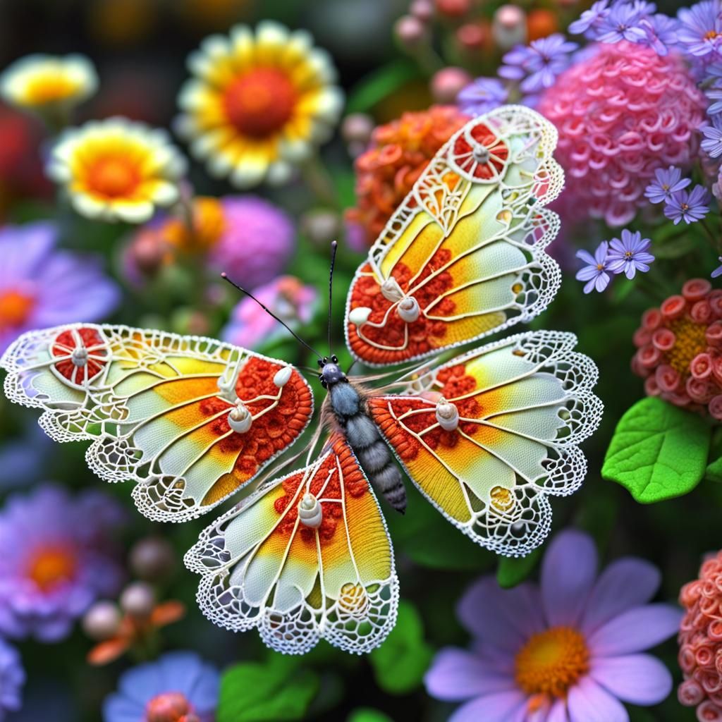Lace Butterfly Among Colorful Flowers in HDR