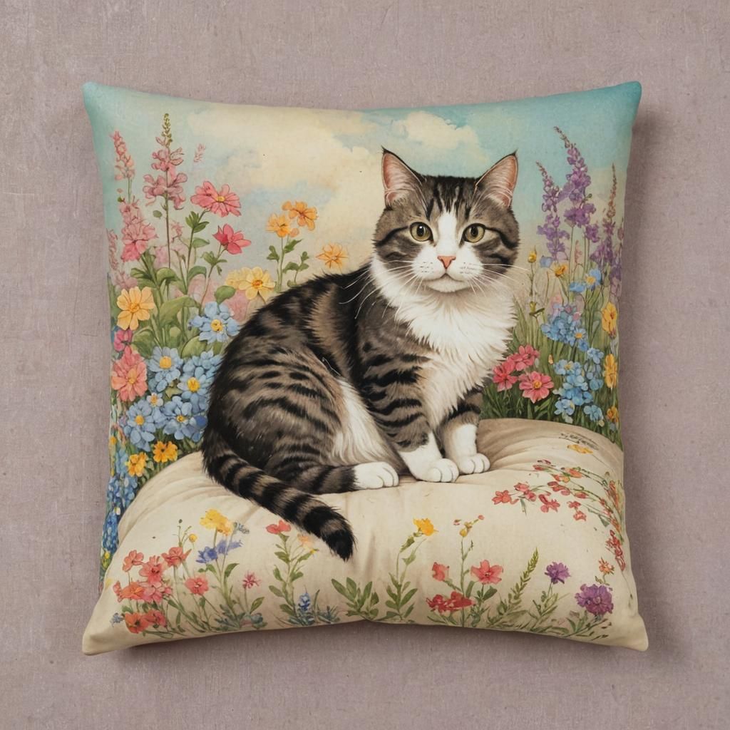 Vintage Postcard Cat with Flowers in Studio Ghibli Style