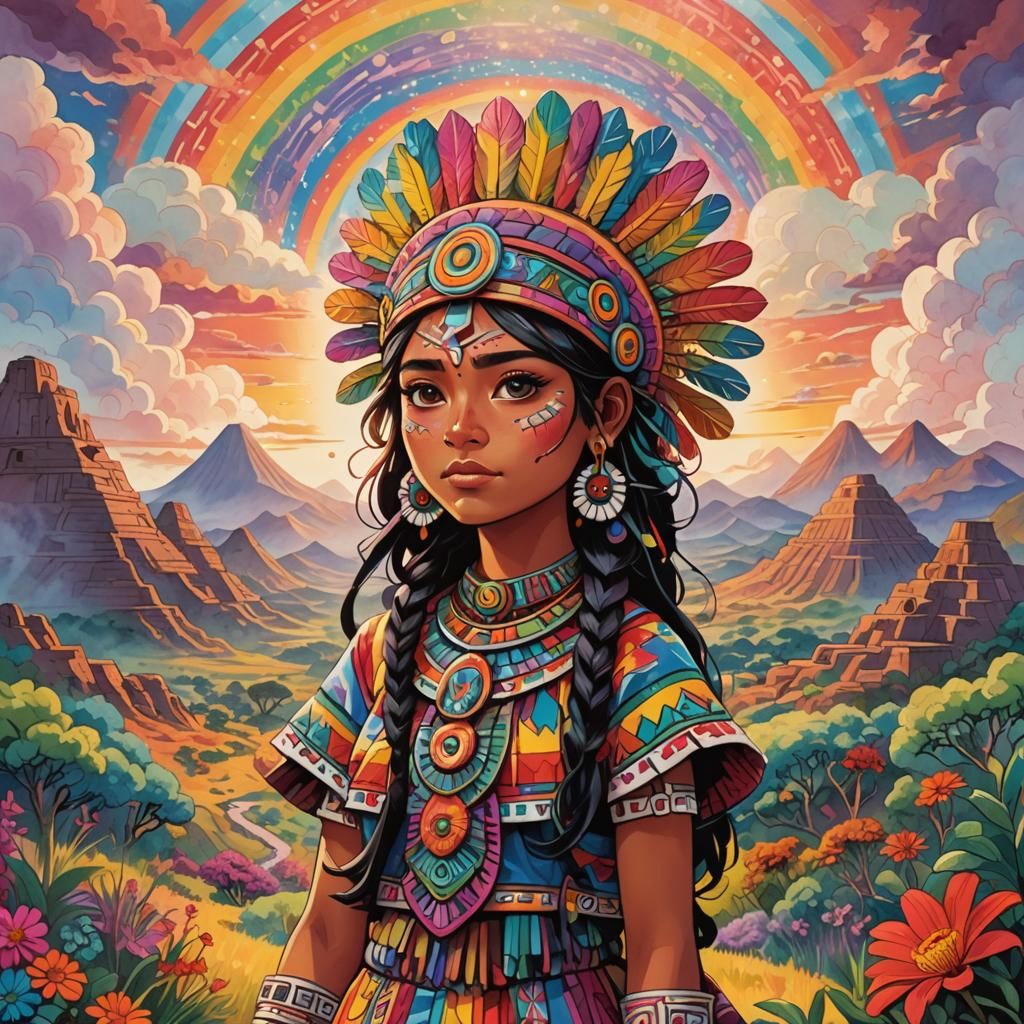 Aztec Girl in Surreal Anime Landscape